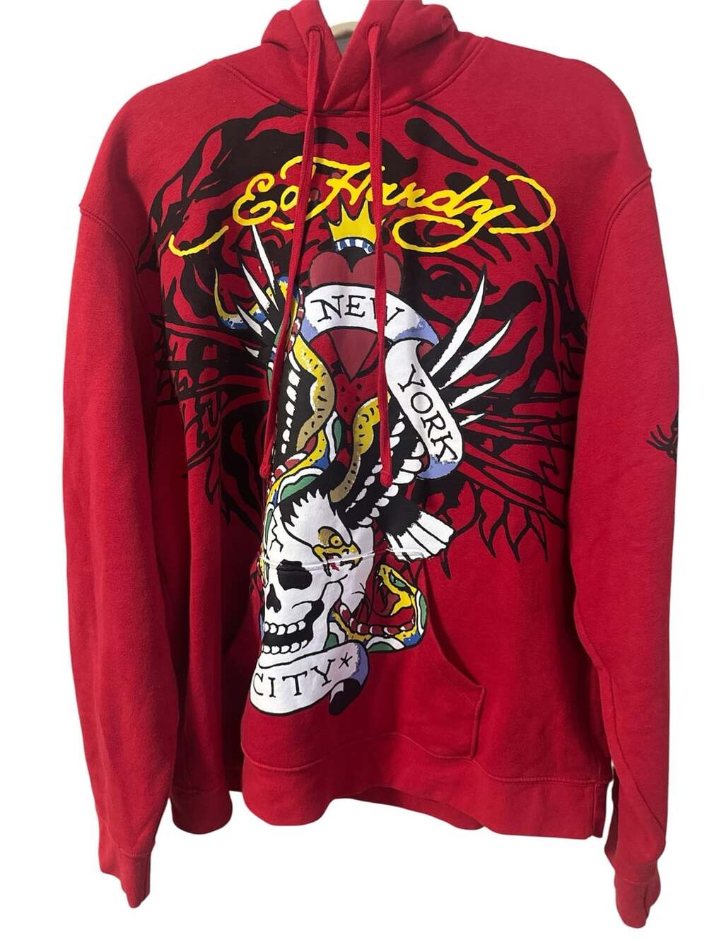Ed Hardy New York Skull Snake Eagle Hoodie Size XL Red Pullover